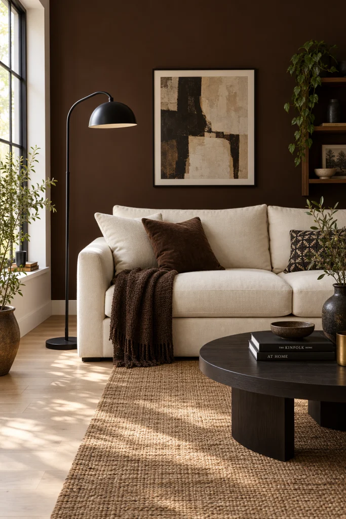 Deep chocolate brown accent wall in living room
