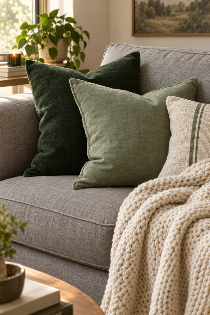 Grey sofa styled with sage and forest green throw pillows