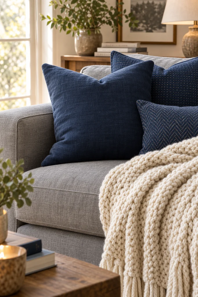 Grey sofa styled with navy blue throw pillows
