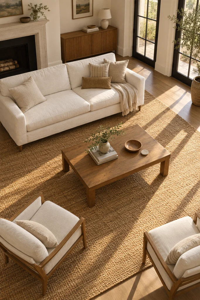 White couch grounded with a natural jute rug for texture in a neutral living room