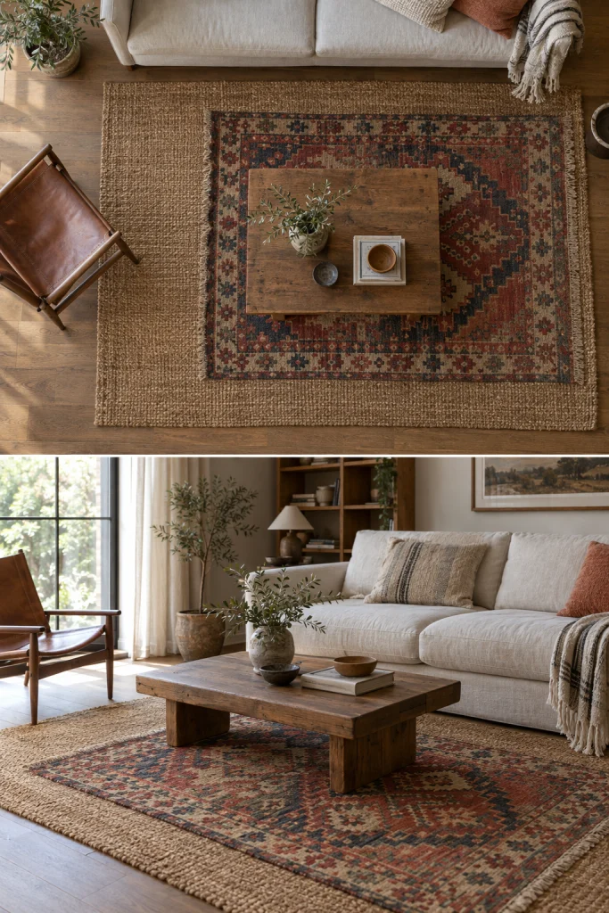 Layered jute and kilim rugs in a modern boho living room