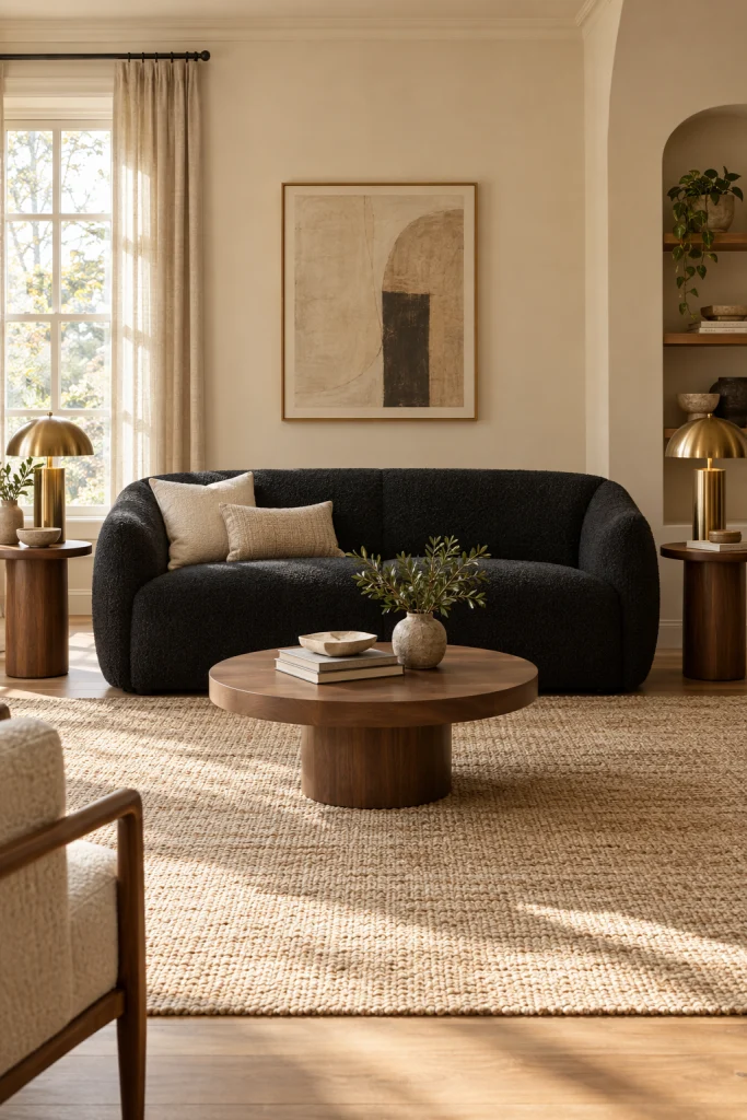 Black boucle sofa as the focal point of a light modern living room