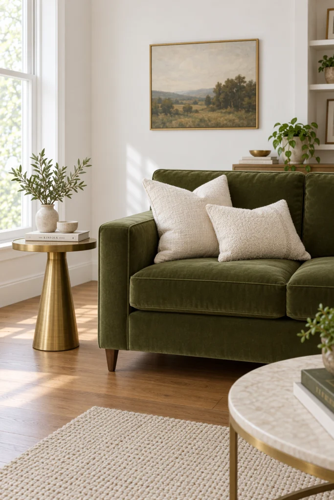 Olive green velvet sofa in white walled living room
