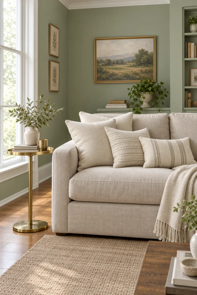 Beige sofa against soft sage green living room walls