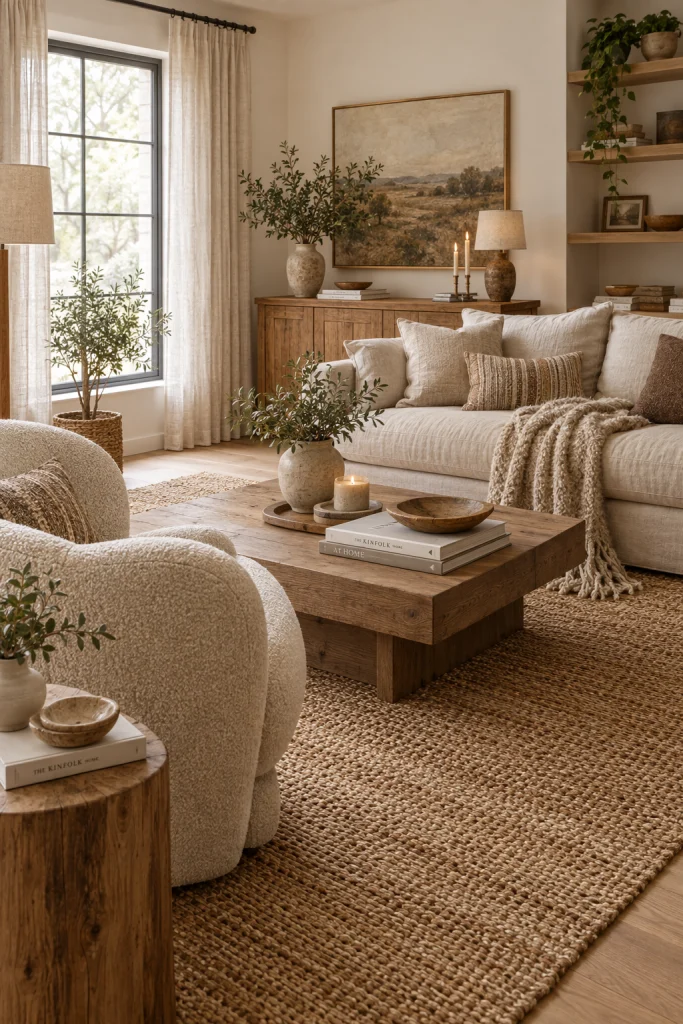  Layered beige living room with boucle chair, linen sofa, and jute rug for texture