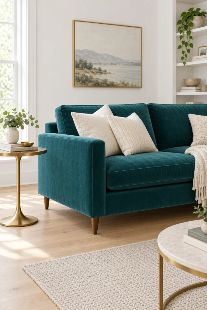 Teal velvet sofa in white walled living room with brass accents