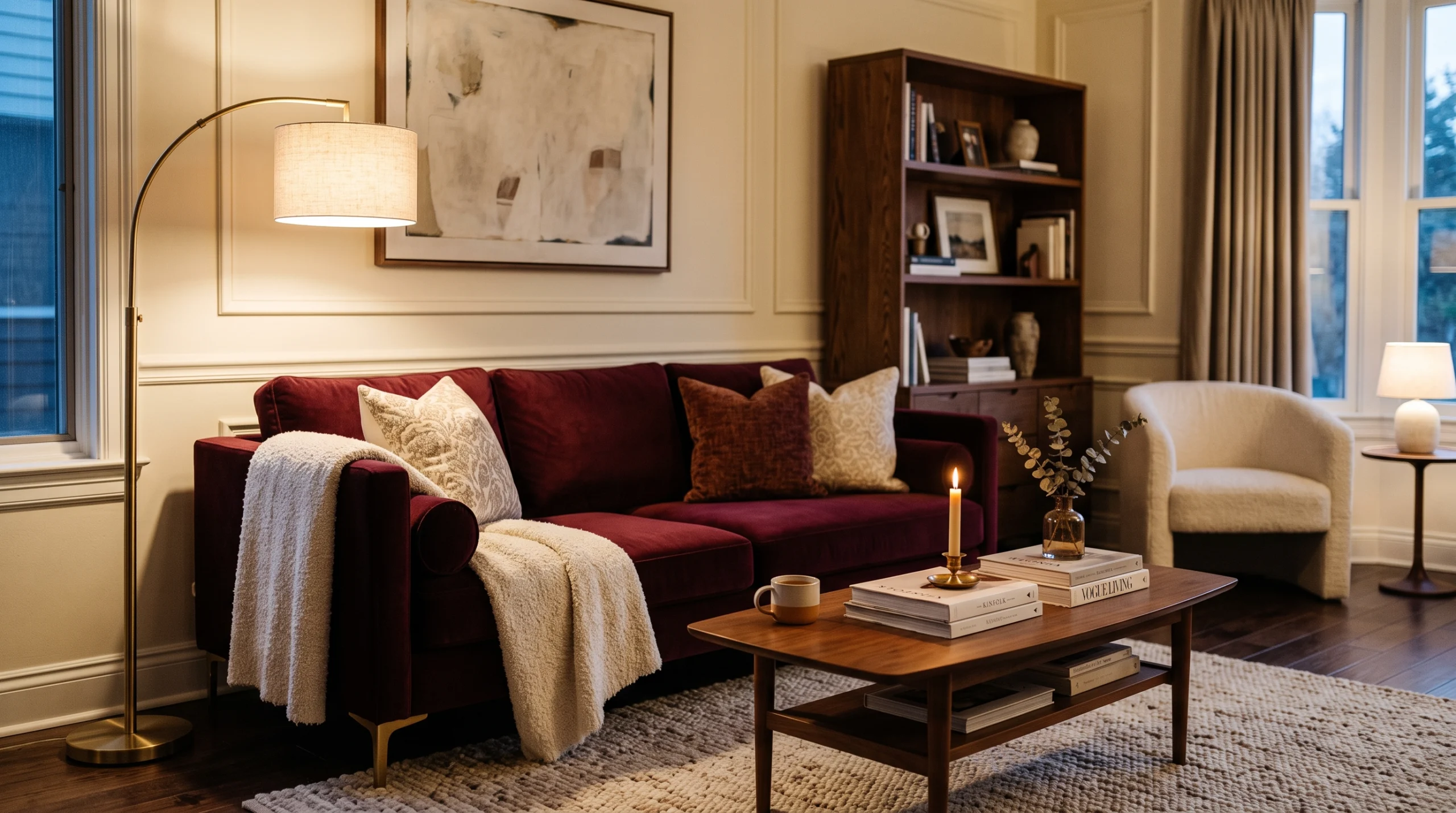 Burgundy velvet sofa in cream living room with brass floor lamp