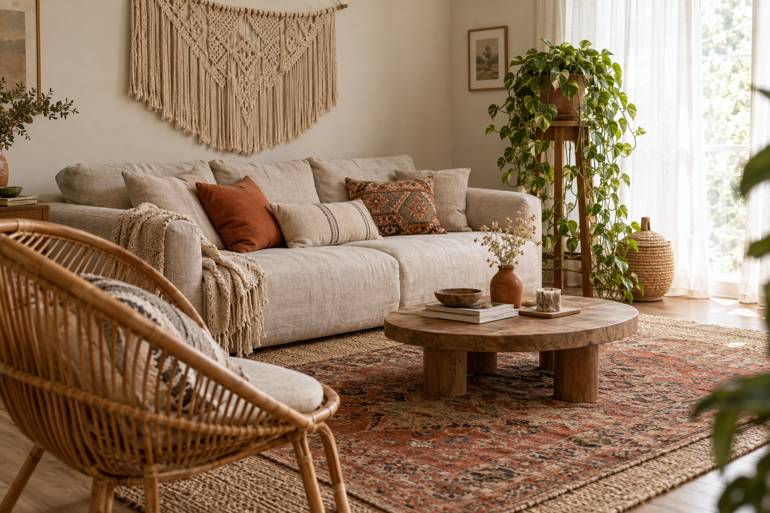 Modern boho living room with rattan chair, layered rugs, and macrame wall hanging