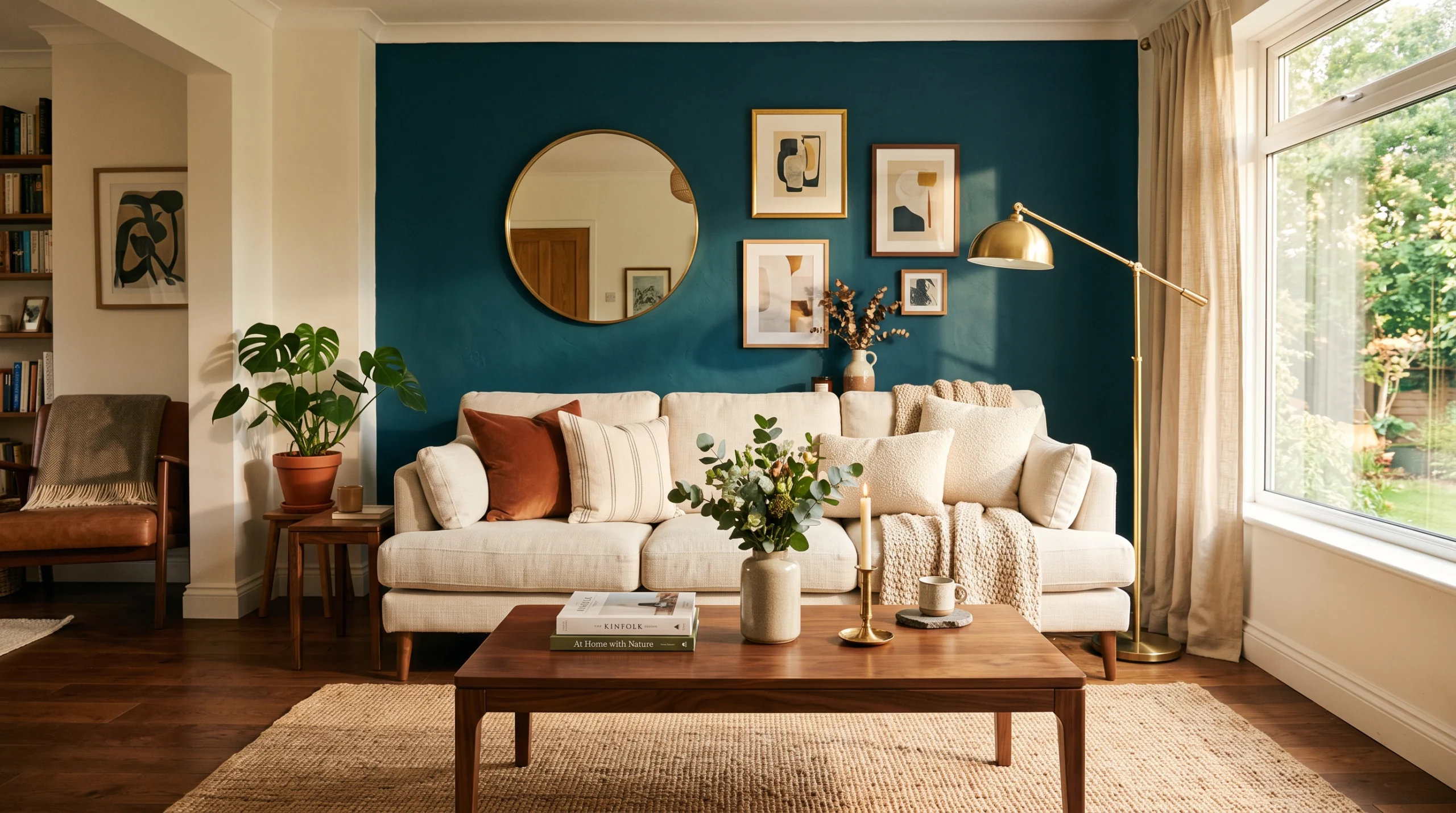 Teal accent wall living room with cream sofa and brass floor lamp