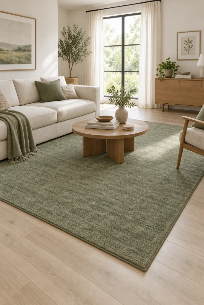 Sage green area rug on beige wood look flooring