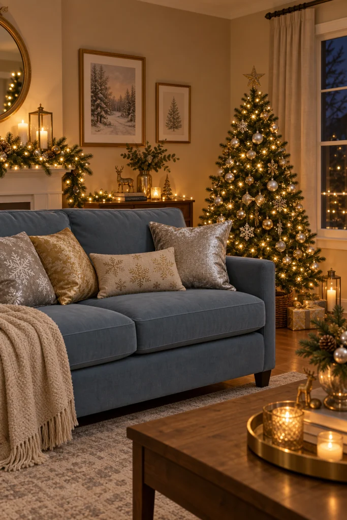 Blue and beige living room decorated for the holidays