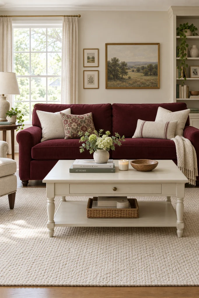 Burgundy sofa paired with cream painted coffee table