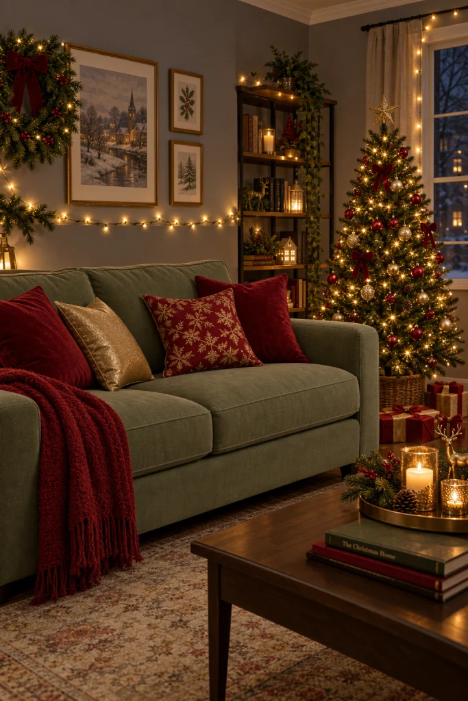 Green and grey living room decorated for the holidays