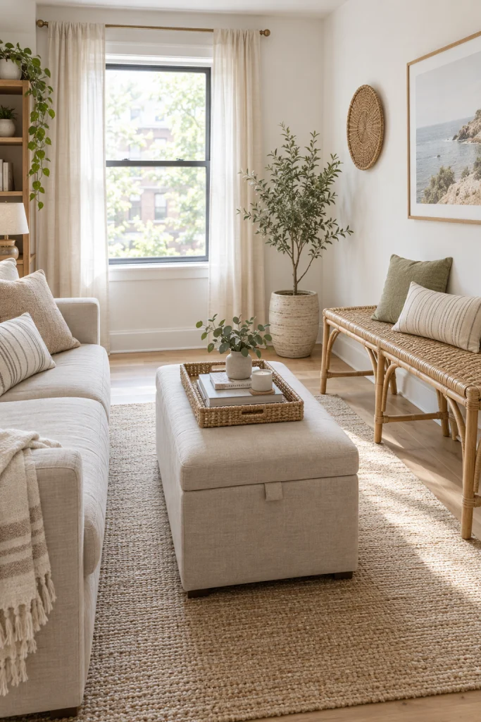 Small modern boho living room with multi-functional furniture