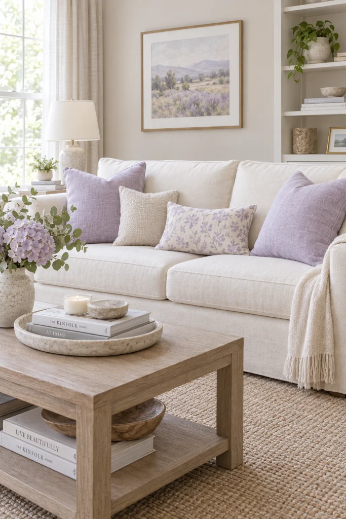 Pale lavender accent pillows adding a soft, unexpected color to a neutral sofa
