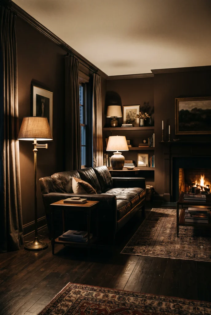 Moody deep espresso brown living room with warm lamp light