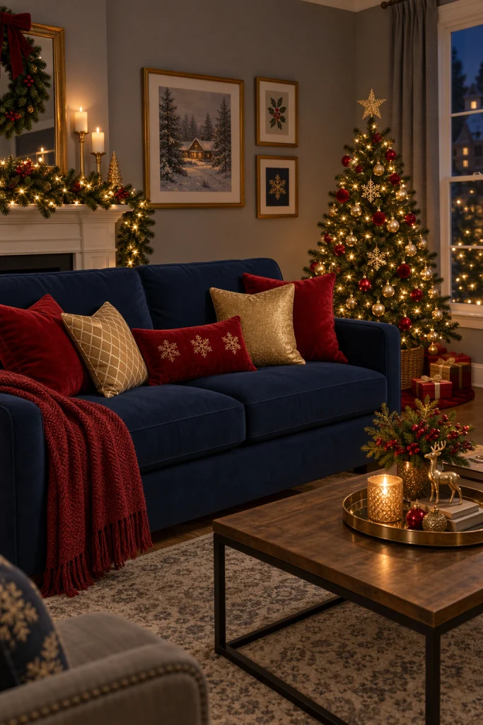 Navy blue and grey living room decorated for the holidays