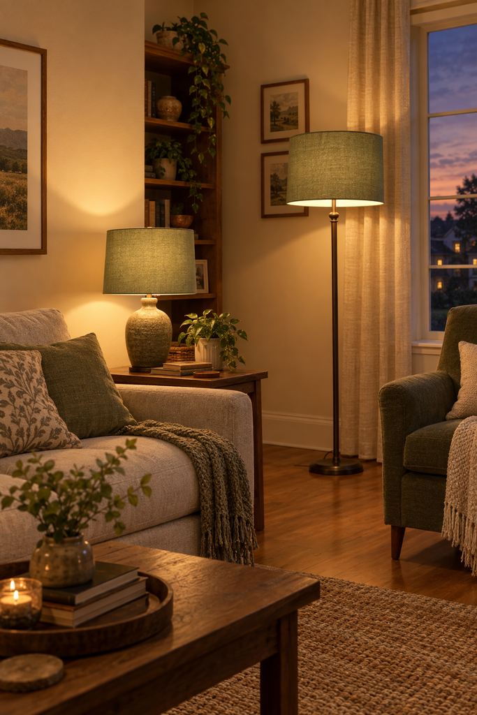Sage green lamp shades glowing in a living room at dusk