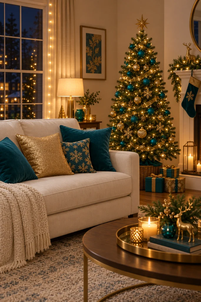 Living room holiday decor with teal and gold throw pillows