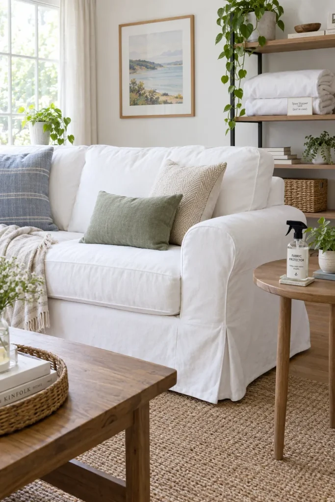 White slipcovered couch styled for renters with a spare cover for easy cleaning