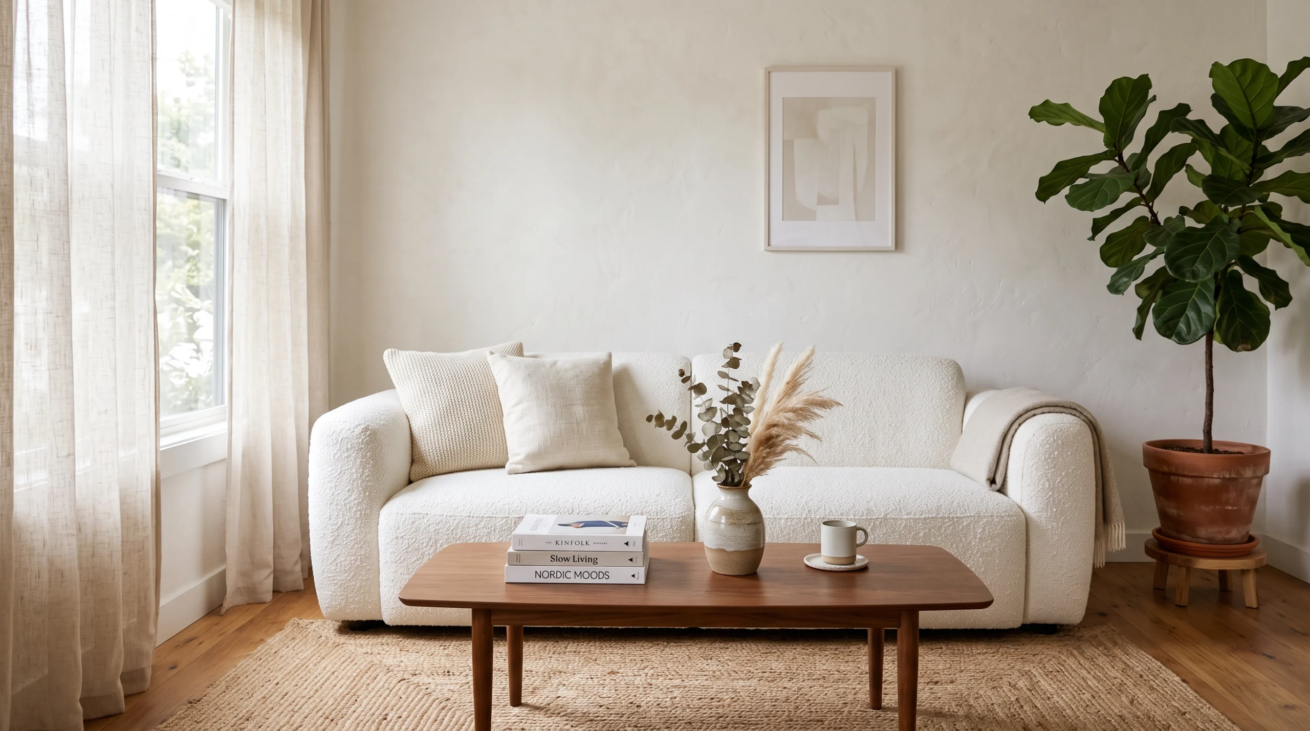 White couch living room with bouclé sofa, jute rug and oak floors for a warm neutral look