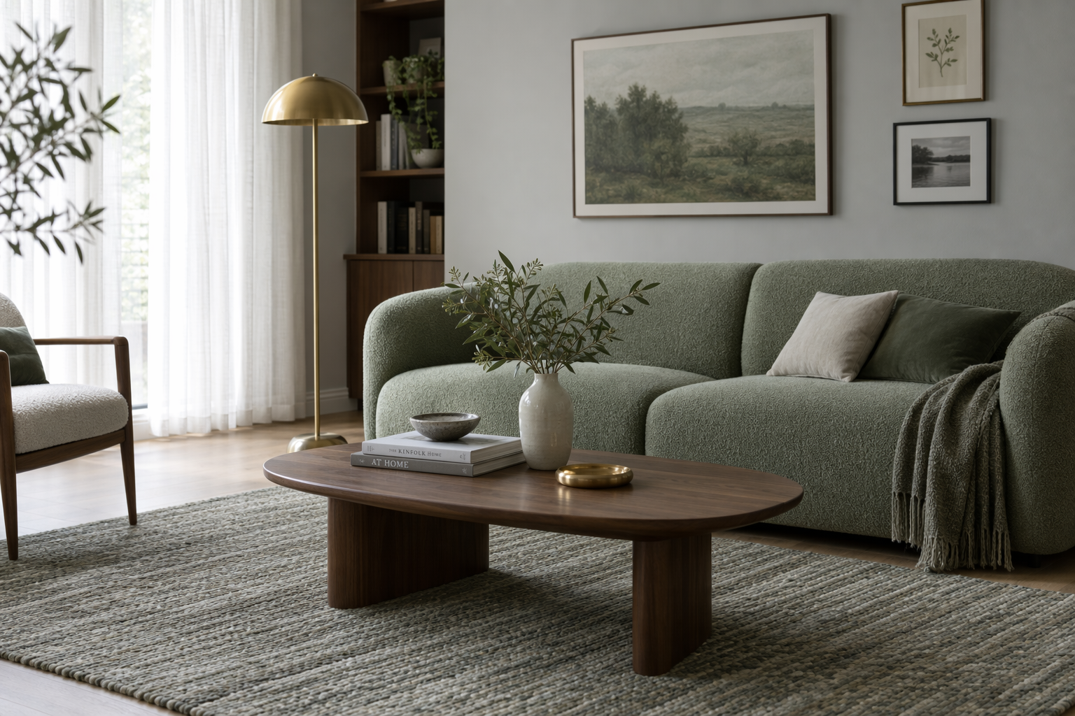 Sage green sofa in light grey living room with brass floor lamp