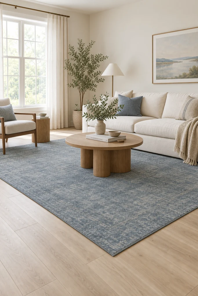 Dusty blue area rug on beige wood look flooring