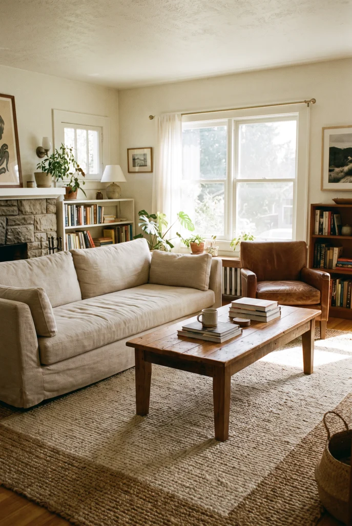 Beige sofa paired with brown leather accent chair