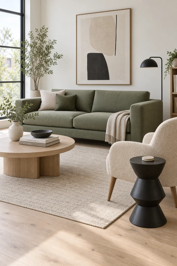 Contemporary living room with sage green sofa and beige accent chair