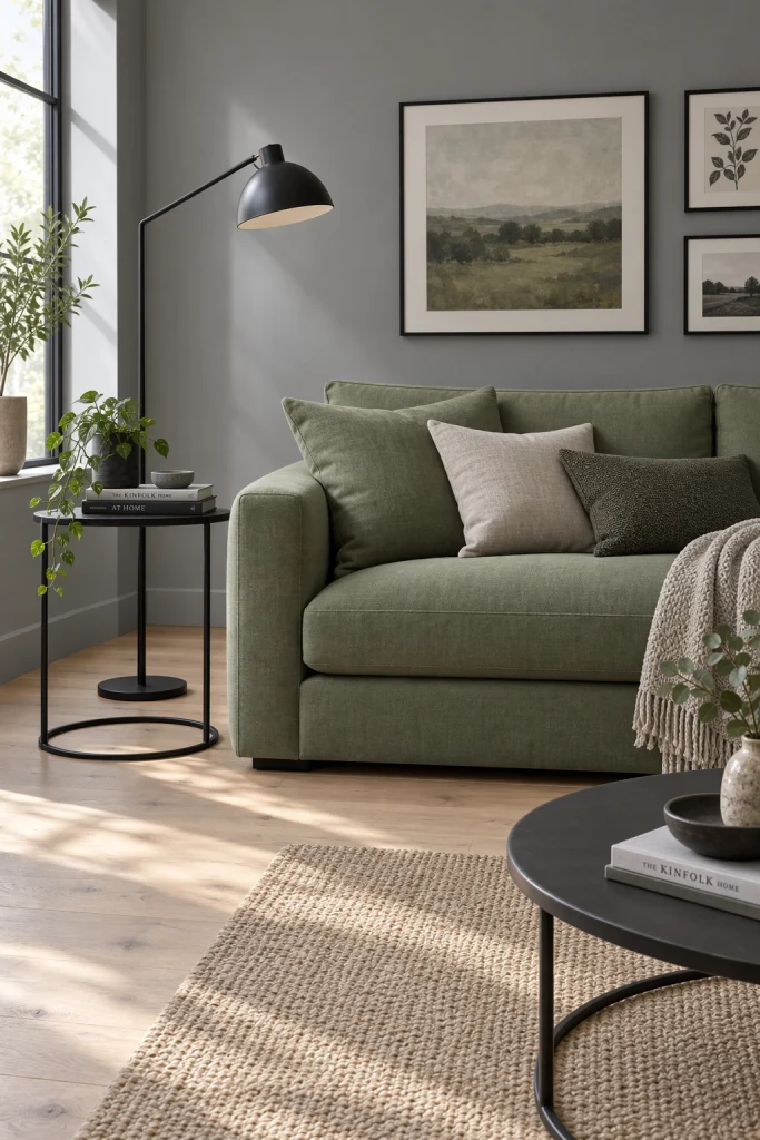 Sage green sofa with black metal accents against grey walls