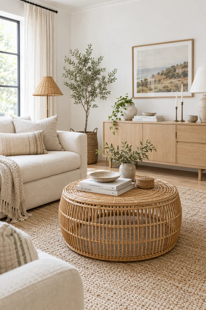 Rattan coffee table and light wood furniture in a bright neutral living room