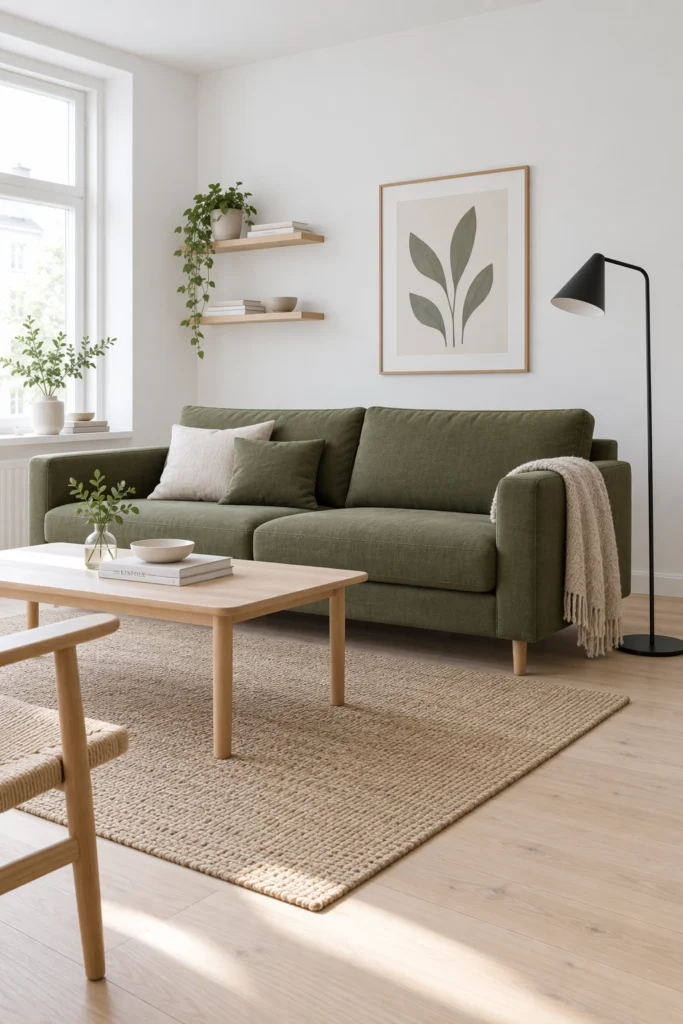 Scandinavian style living room with olive green sofa