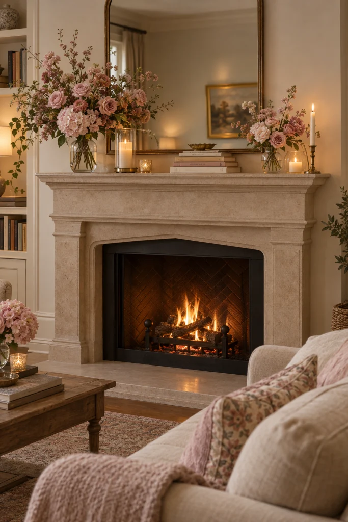 Beige stone fireplace styled with pink floral arrangements