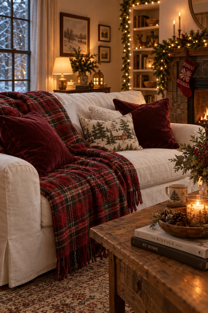 White couch styled for winter with a plaid throw and burgundy pillows