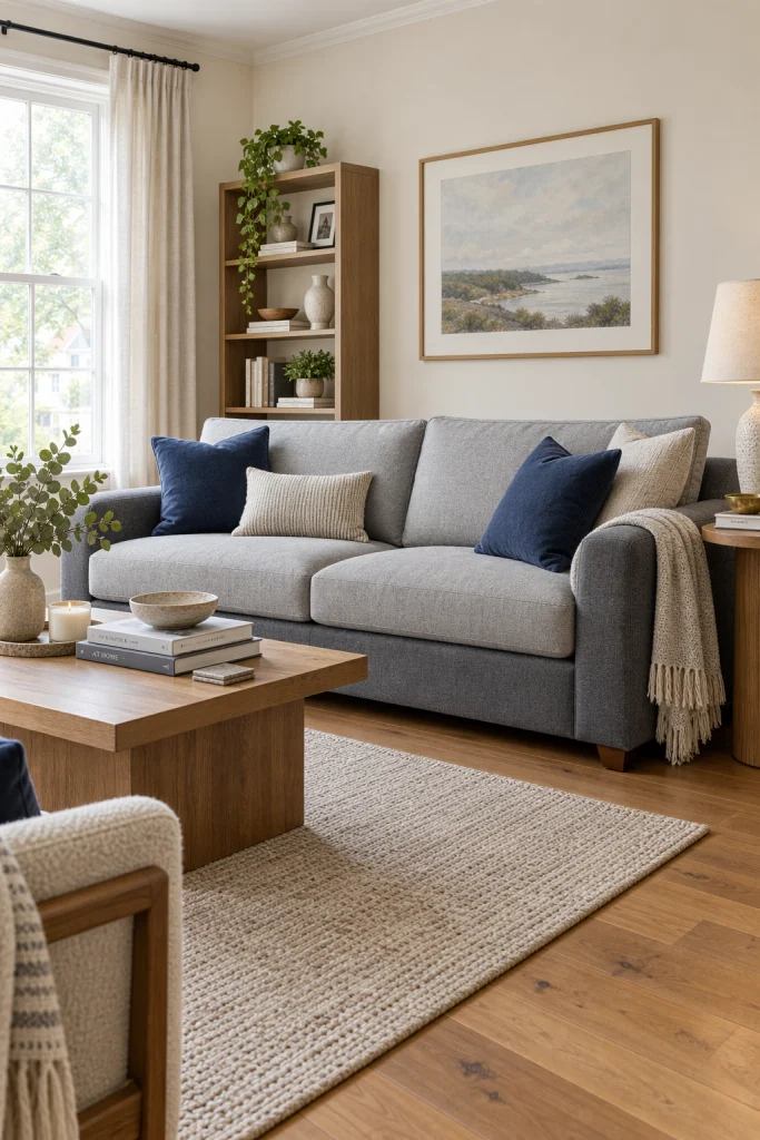 Two tone grey sofa styled with navy blue throw pillows