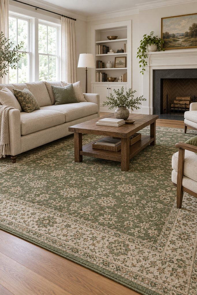 Green patterned area rug anchoring a neutral living room