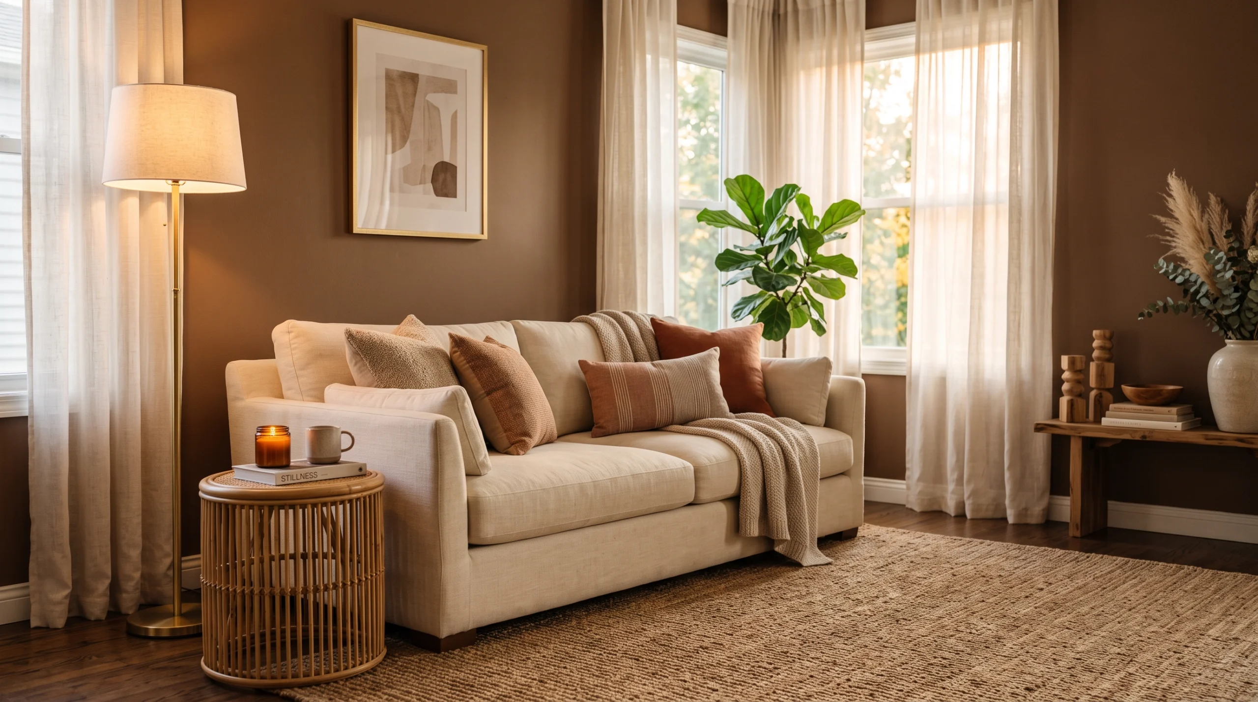 Mocha brown living room walls with cream sofa and brass lamp