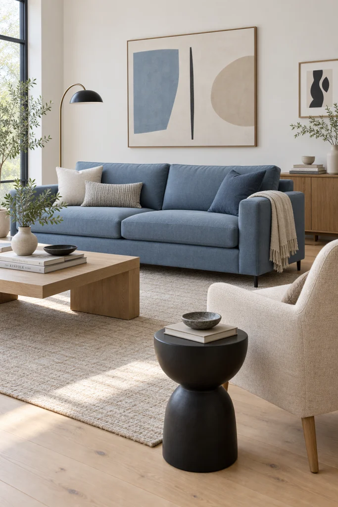 Contemporary living room with dusty blue sofa and beige accent chair