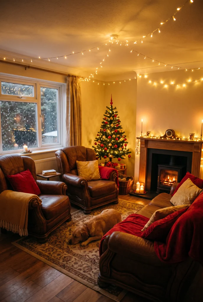 Brown living room decorated for the holidays with red and gold accents