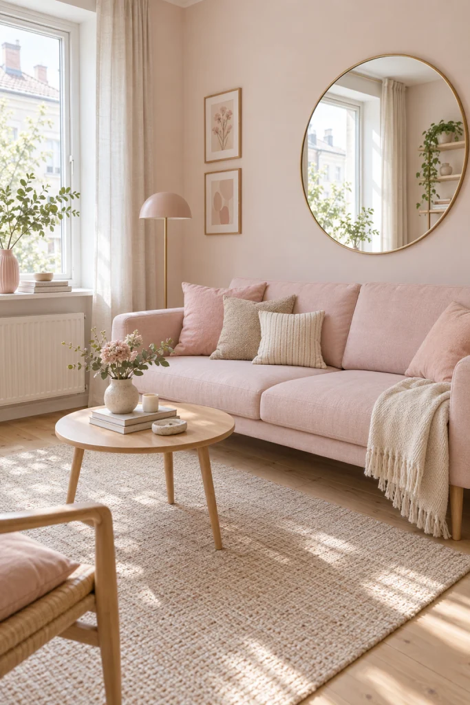 Small pink and beige living room with low-profile furniture