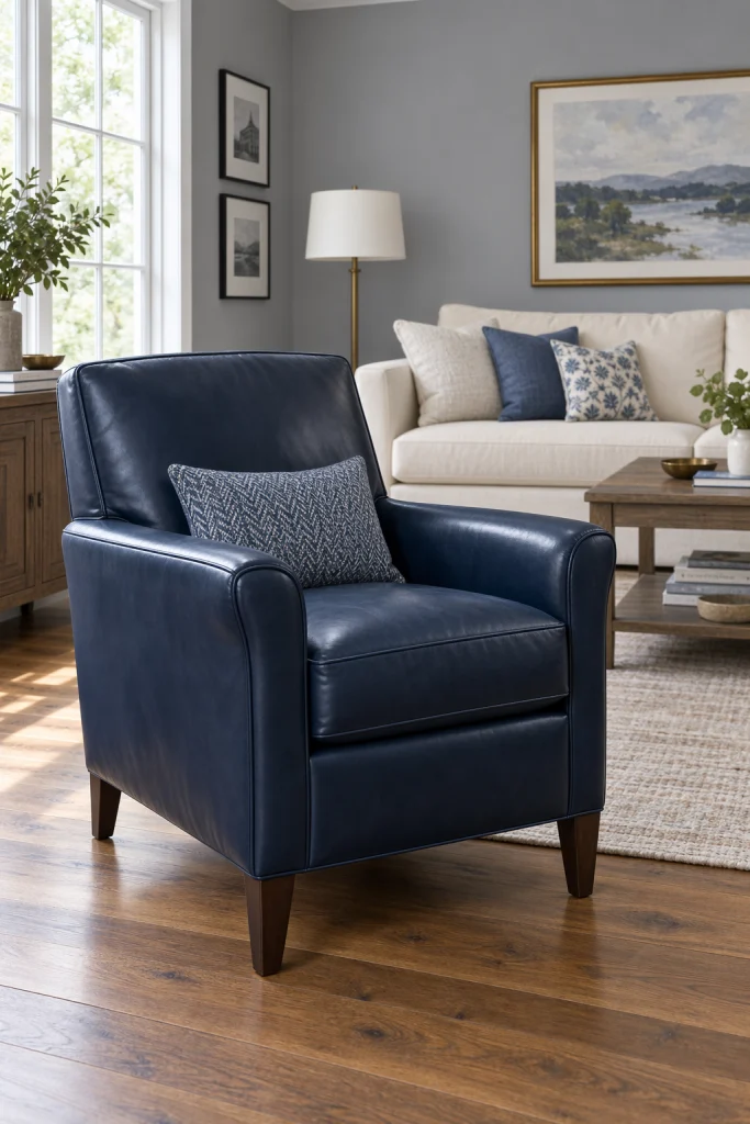 Navy blue leather armchair against grey living room walls