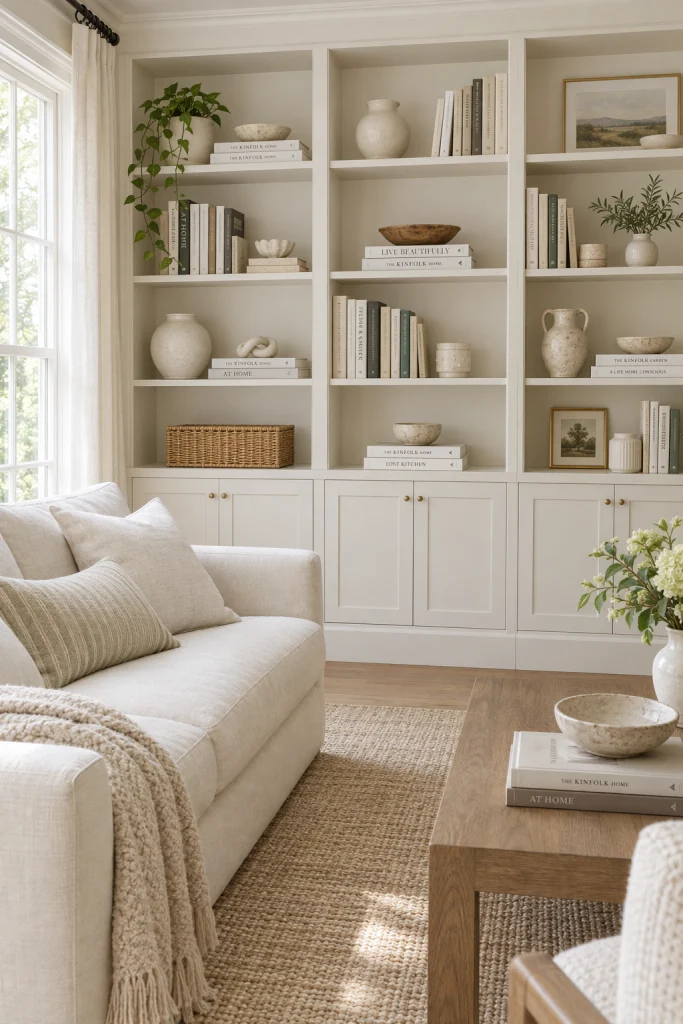 Off-white built-in shelving styled with light ceramics in a bright living room