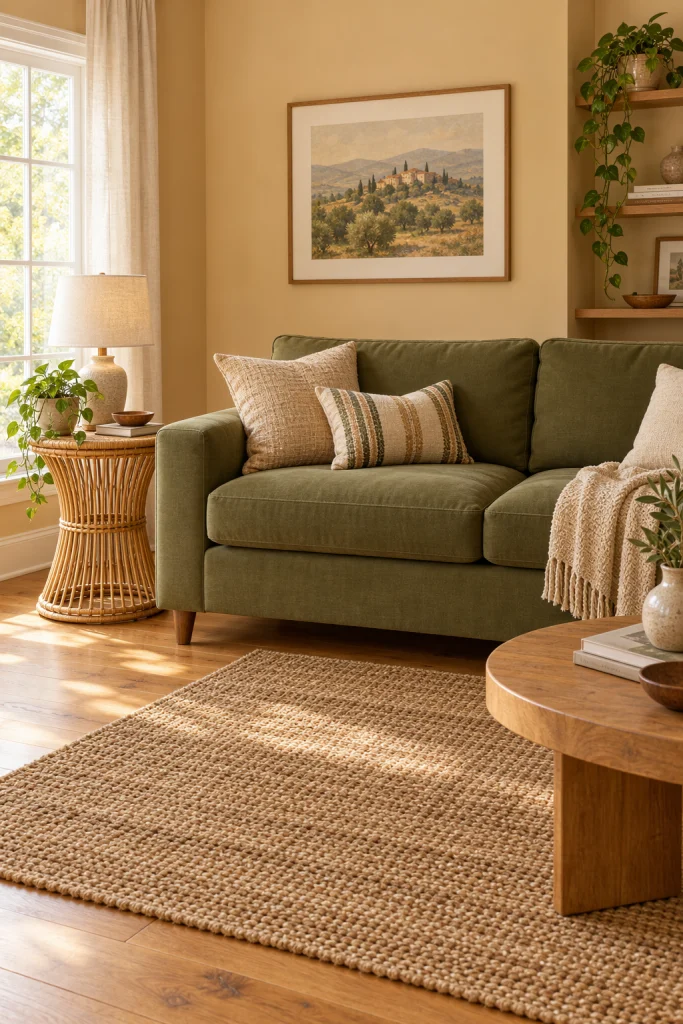 Olive green sofa against warm honey beige living room walls