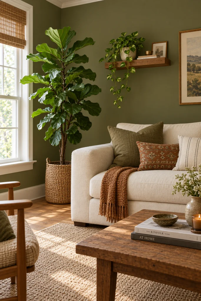 Olive green living room with fiddle leaf fig and pothos plants