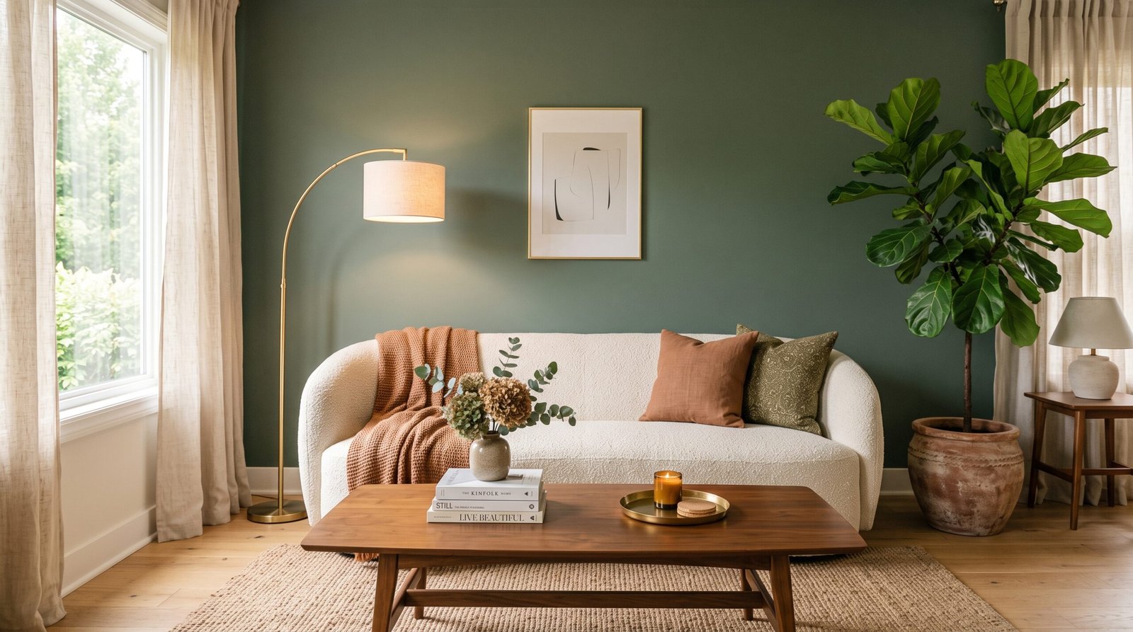 Sage green accent wall behind a cream sofa in a fresh living room