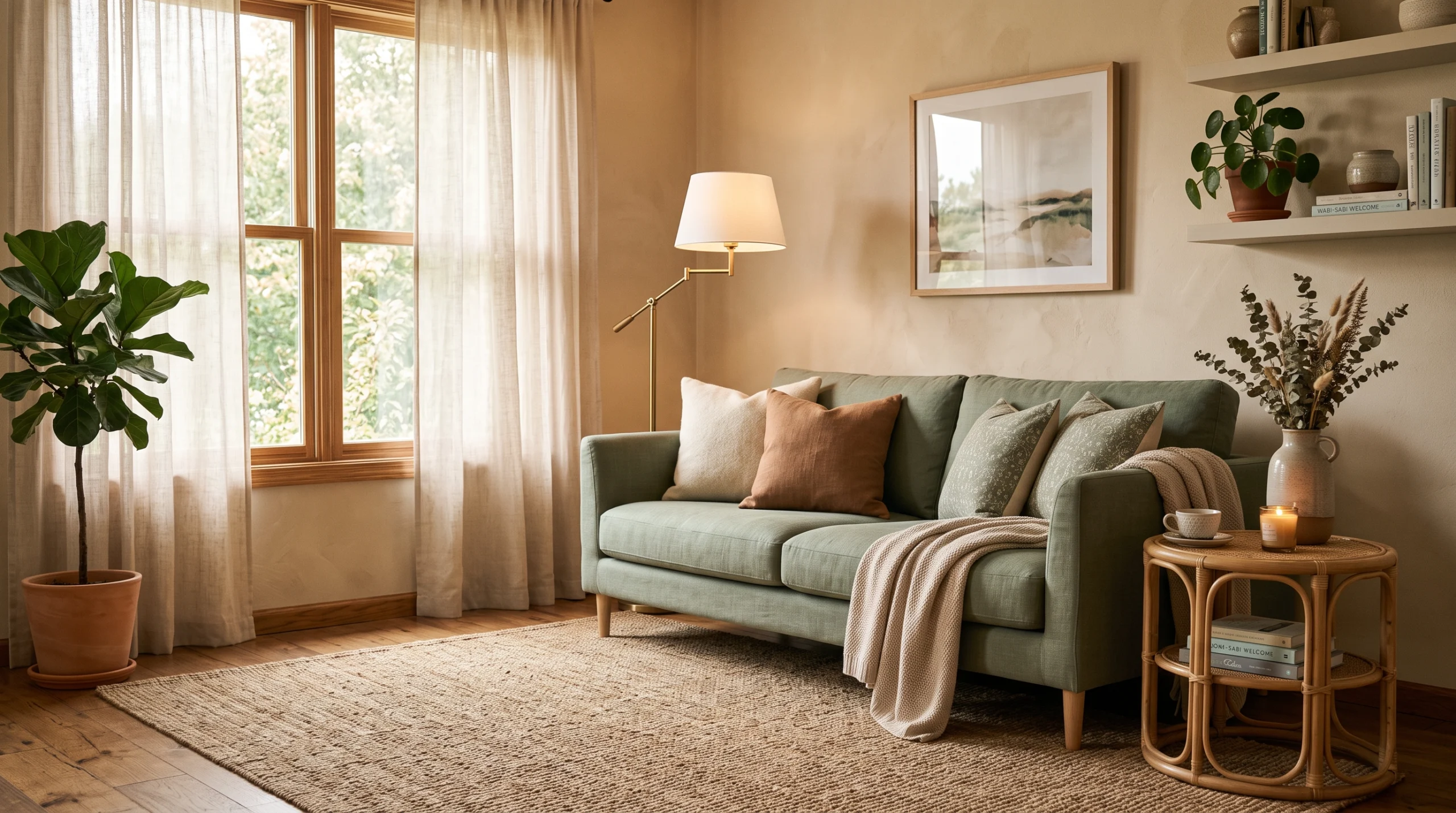 Sage green sofa in beige living room with rattan side table