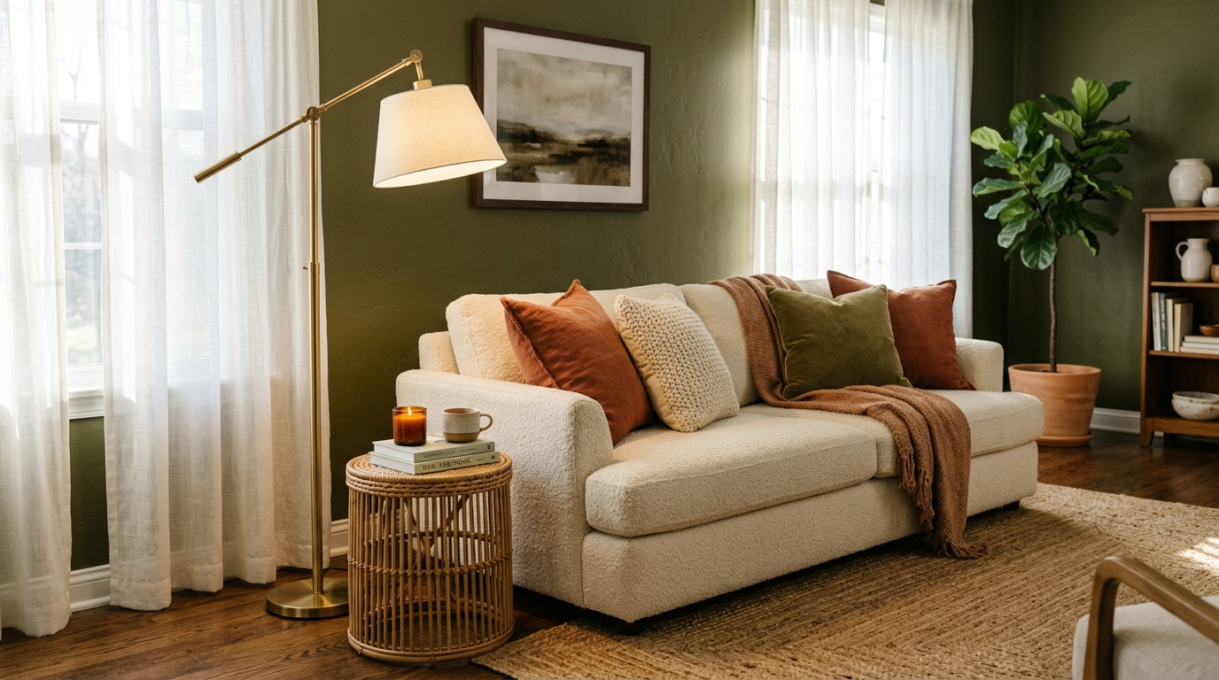 Olive green living room wall with cream sofa and rust throw pillows