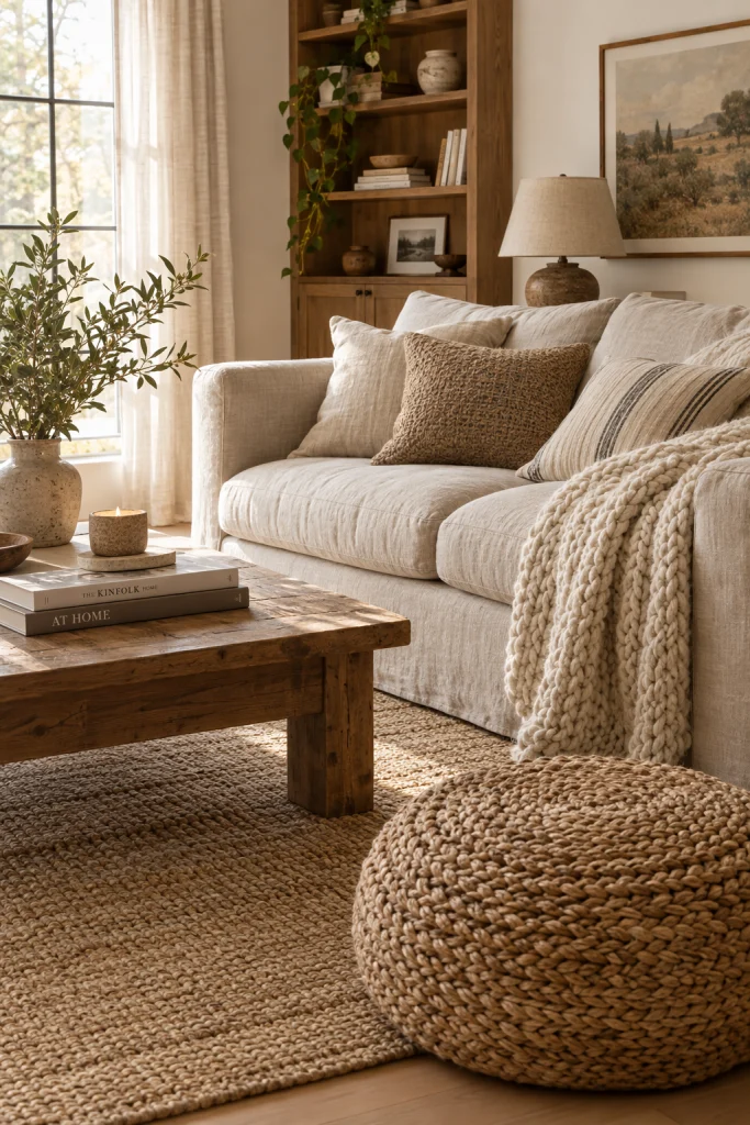 Cozy layered neutral textures including a knit throw and woven pouf