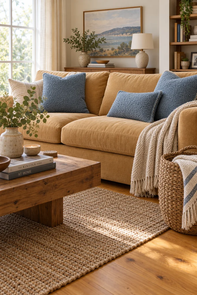 Warm beige sofa styled with dusty blue bouclé pillows