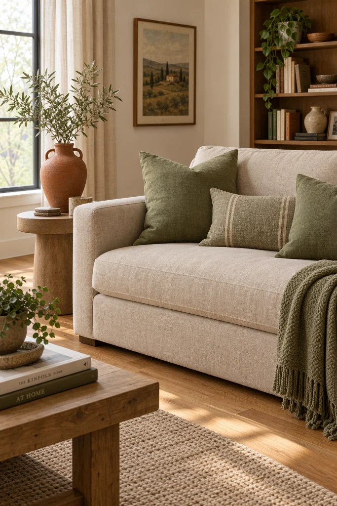 Beige sofa with sage green pillows and terracotta vase accent